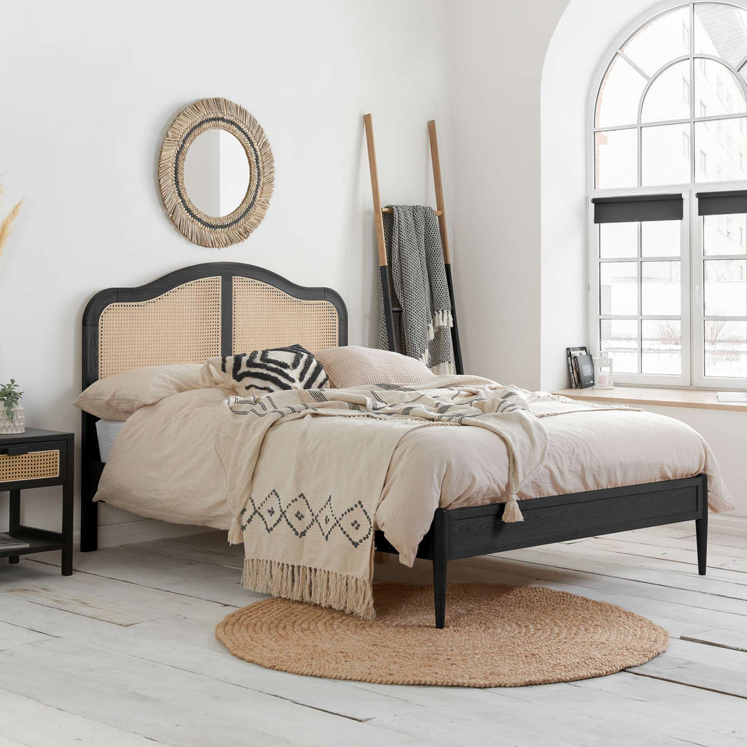 Leonie Rattan Bed with Weathered Oak Frame for Elegant Bedroom Decor