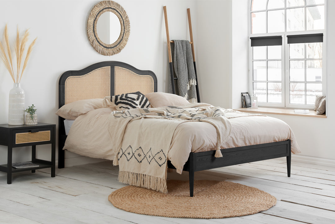 Leonie Rattan Bed with Weathered Oak Frame for Elegant Bedroom Decor