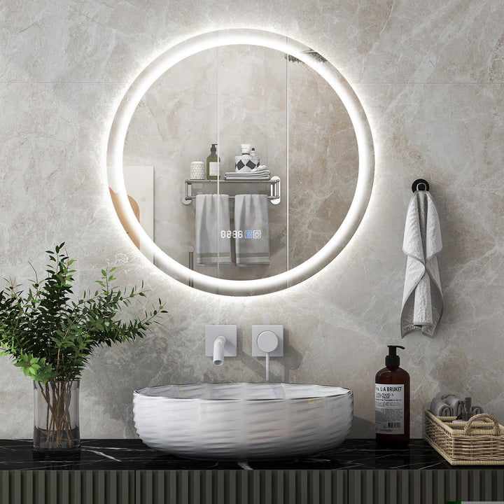 LED Bathroom Mirror with 3-Color Dimmable Lights, Time and Temp Display - TidySpaces