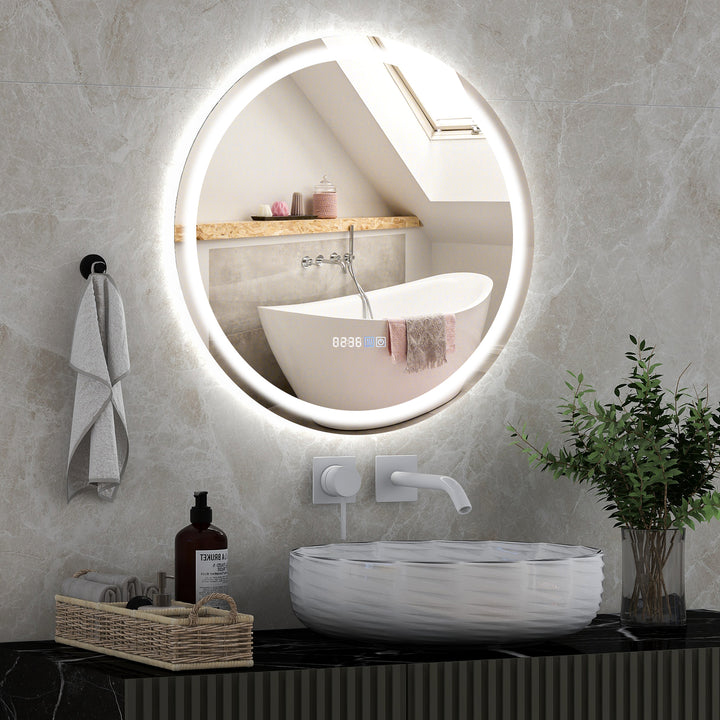 LED Bathroom Mirror with 3-Color Dimmable Lights, Time and Temp Display - TidySpaces