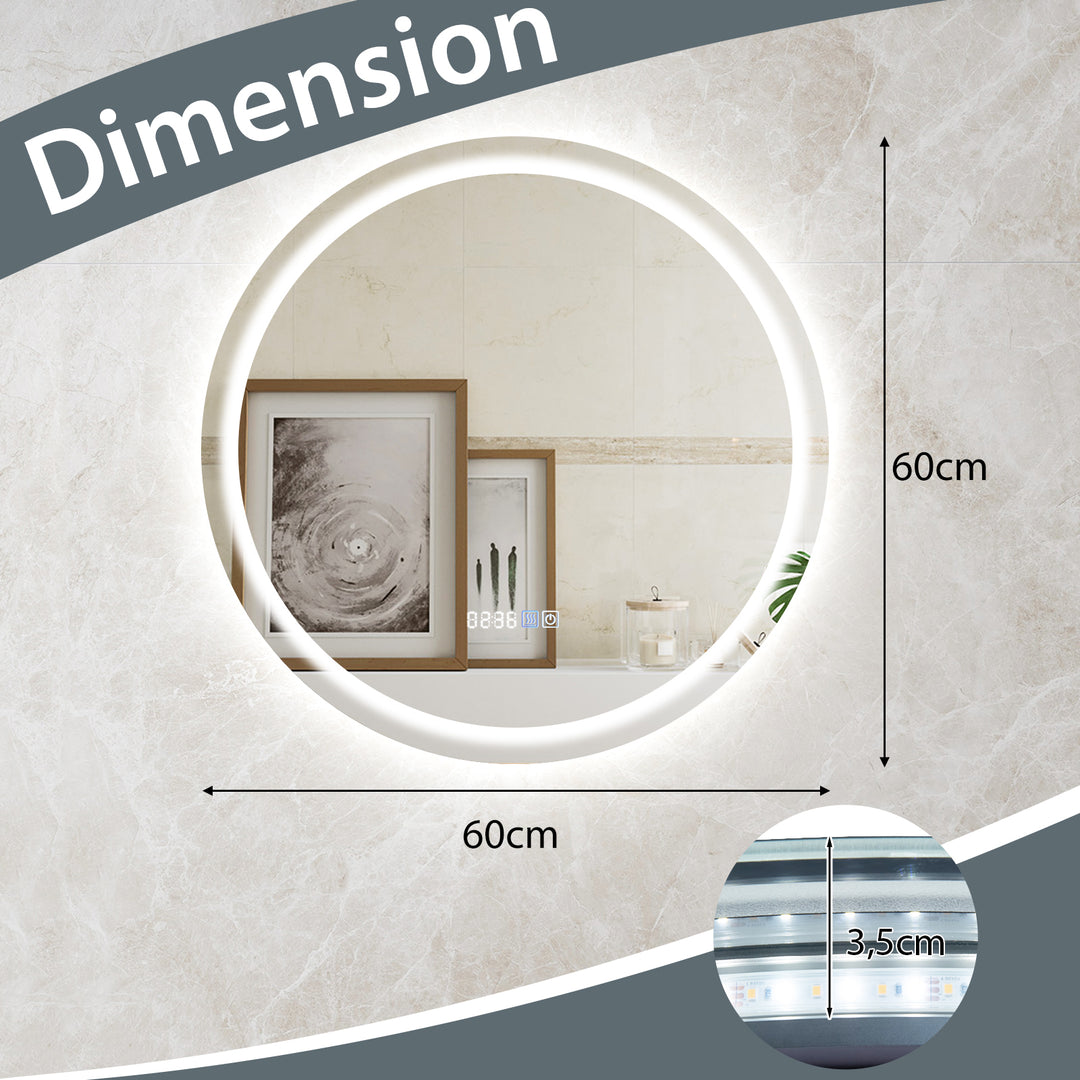 LED Bathroom Mirror with 3-Color Dimmable Lights, Time and Temp Display - TidySpaces