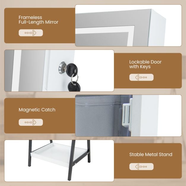 LED Standing Jewellery Mirror Cabinet with 3-Color Lighted Full-Length Mirror-White - TidySpaces