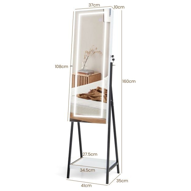 LED Standing Jewellery Mirror Cabinet with 3-Color Lighted Full-Length Mirror-White - TidySpaces