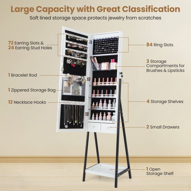 LED Standing Jewellery Mirror Cabinet with 3-Color Lighted Full-Length Mirror-White - TidySpaces
