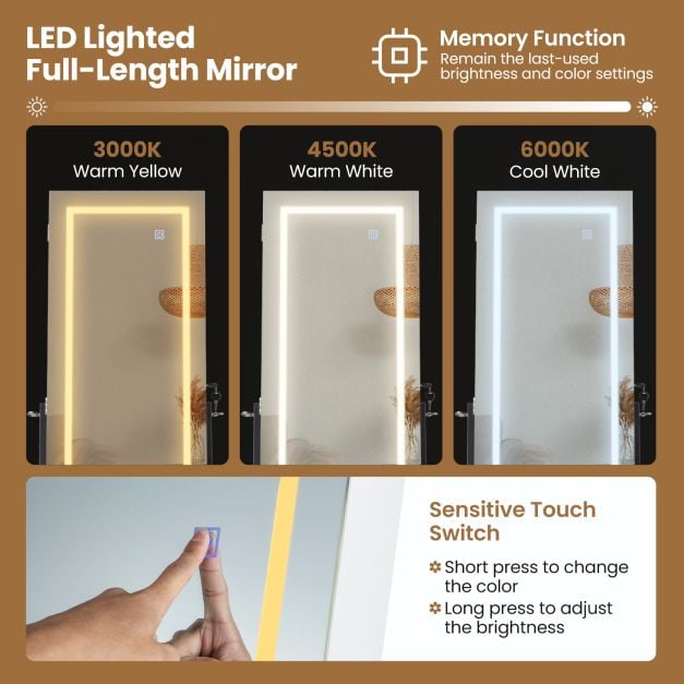 LED Standing Jewellery Mirror Cabinet with 3-Color Lighted Full-Length Mirror-White - TidySpaces