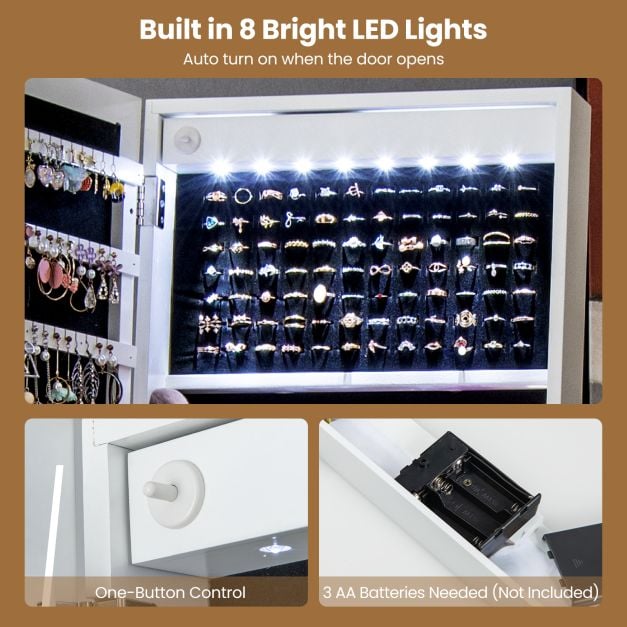 LED Standing Jewellery Mirror Cabinet with 3-Color Lighted Full-Length Mirror-White - TidySpaces