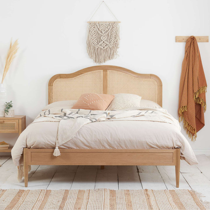 Leonie Rattan Bed with Weathered Oak Frame for Elegant Bedroom Decor