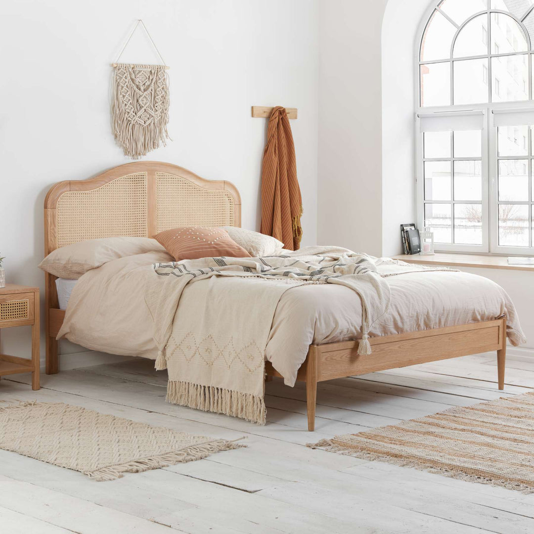 Leonie Rattan Bed with Weathered Oak Frame for Elegant Bedroom Decor