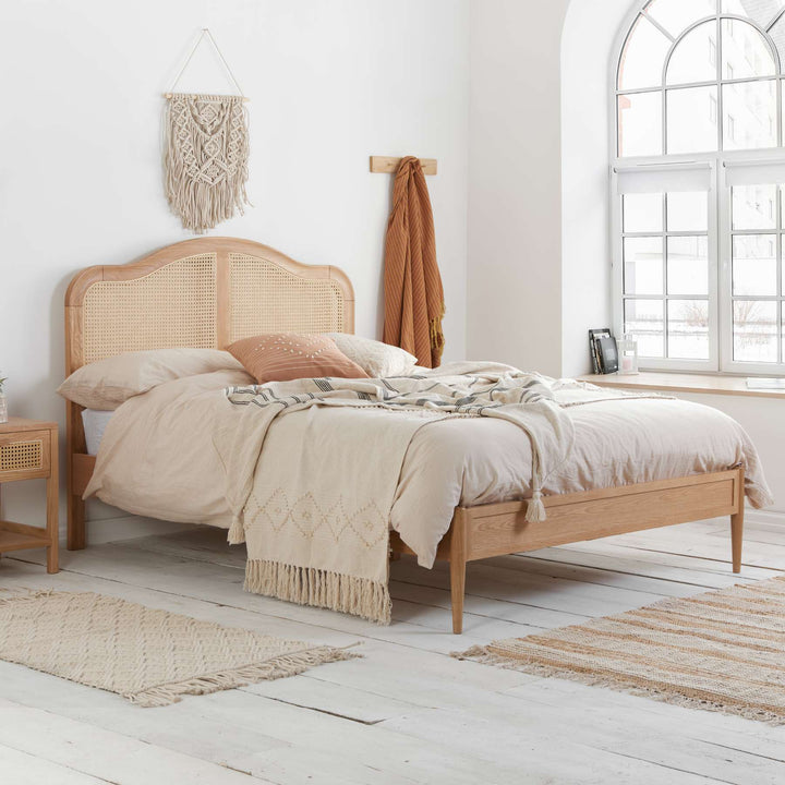 Leonie Rattan Bed with Weathered Oak Frame for Elegant Bedroom Decor