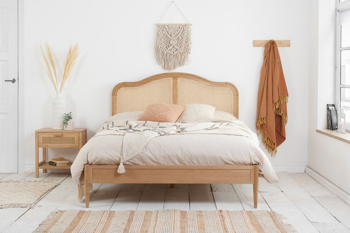 Leonie Rattan Bed with Weathered Oak Frame for Elegant Bedroom Decor