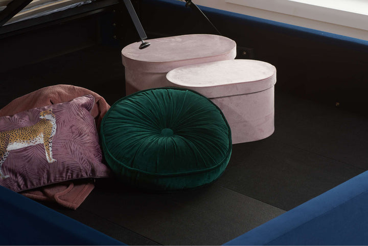 Lottie Ottoman Bed with Contemporary Fan-Shaped Headboard for Modern Bedrooms