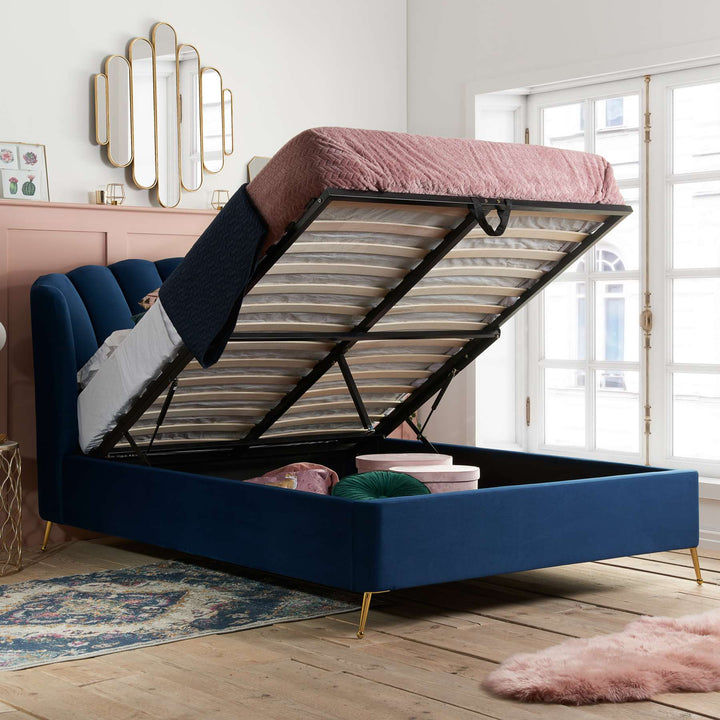Lottie Ottoman Bed with Contemporary Fan-Shaped Headboard for Modern Bedrooms