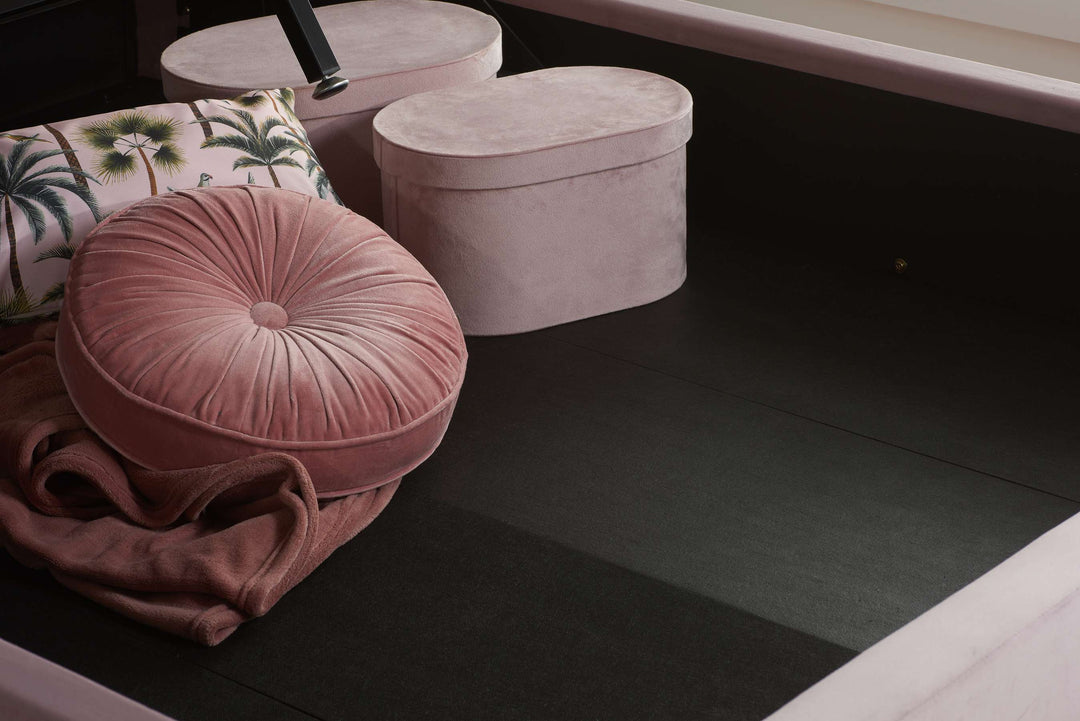 Lottie Ottoman Bed with Contemporary Fan-Shaped Headboard for Modern Bedrooms