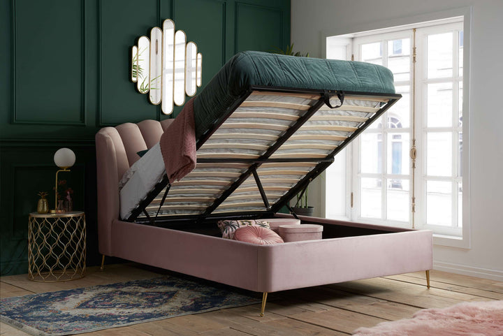 Lottie Ottoman Bed with Contemporary Fan-Shaped Headboard for Modern Bedrooms