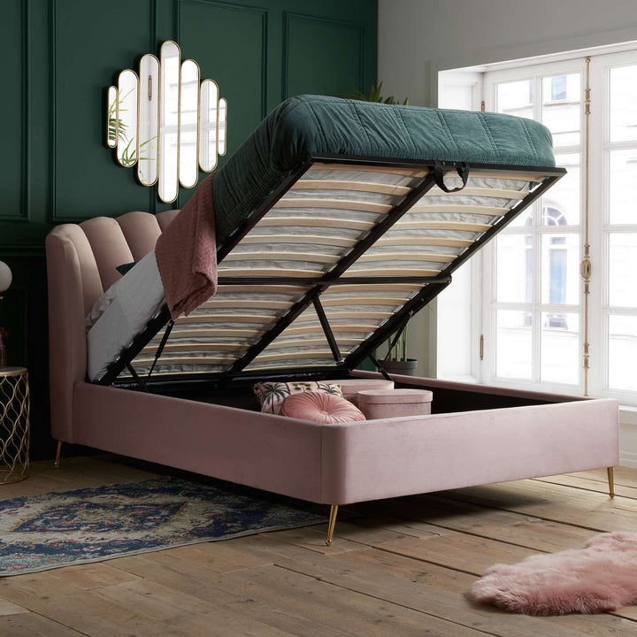Lottie Ottoman Bed with Contemporary Fan-Shaped Headboard for Modern Bedrooms