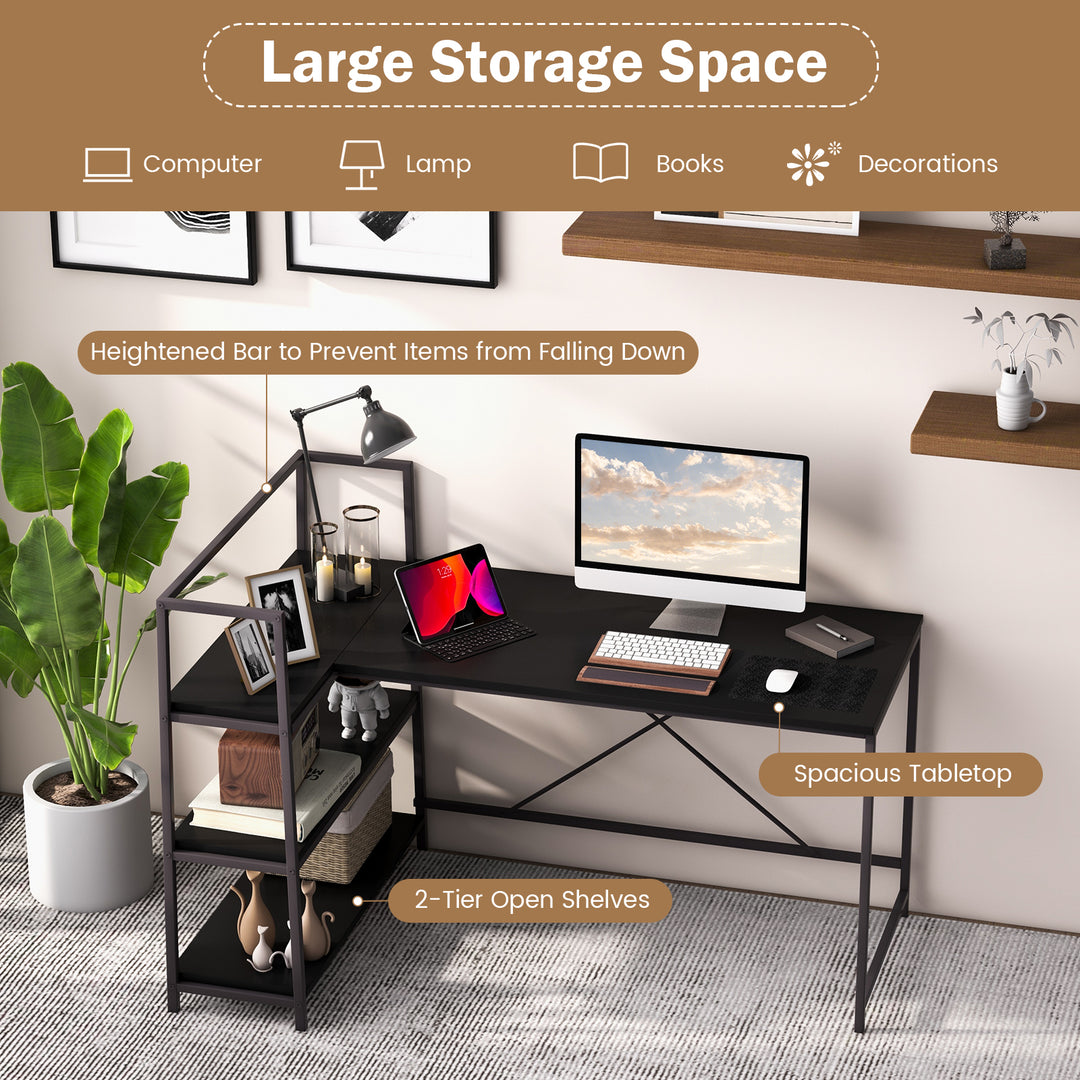 Reversible L Shaped Computer Desk with Open Storage Shelves - TidySpaces