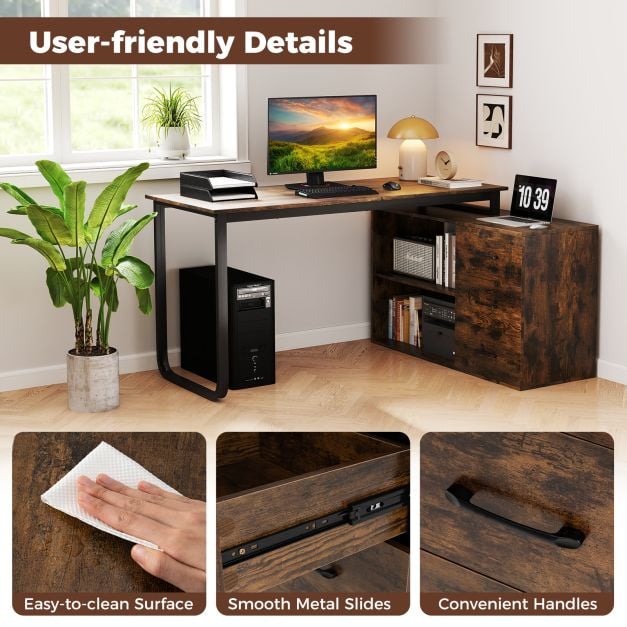Heavy-duty L Shaped Computer Desk Corner Executive Desk with 3 Drawers-Coffee