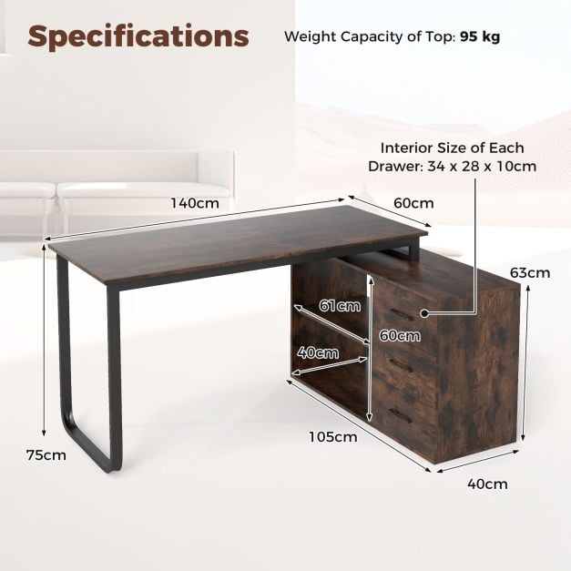 Heavy-duty L Shaped Computer Desk Corner Executive Desk with 3 Drawers-Coffee