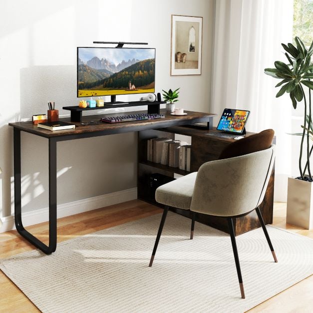 Heavy-duty L Shaped Computer Desk Corner Executive Desk with 3 Drawers-Coffee