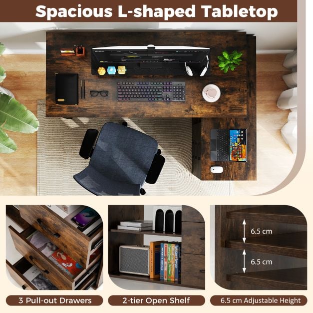 Heavy-duty L Shaped Computer Desk Corner Executive Desk with 3 Drawers-Coffee