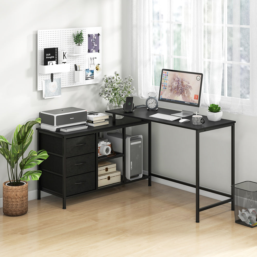 L Shaped Computer Desk with Drawers Shelves and Charging Station - TidySpaces