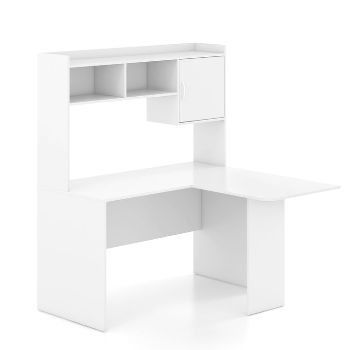 L Shaped Desk with Open Storage Hutch and Shelves Cabinet White - TidySpaces