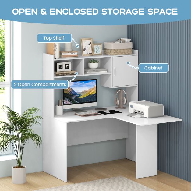 L Shaped Desk with Open Storage Hutch and Shelves Cabinet White - TidySpaces