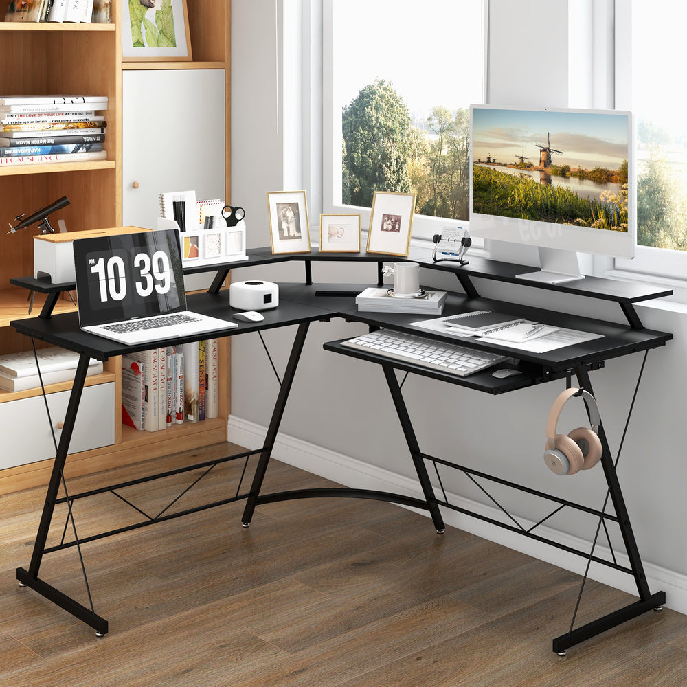 L shaped Computer Desk with Power Outlet and Monitor Stand - TidySpaces