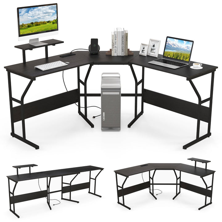 L Shaped Desk Corner Computer Desk with Movable Monitor Stand Black - TidySpaces