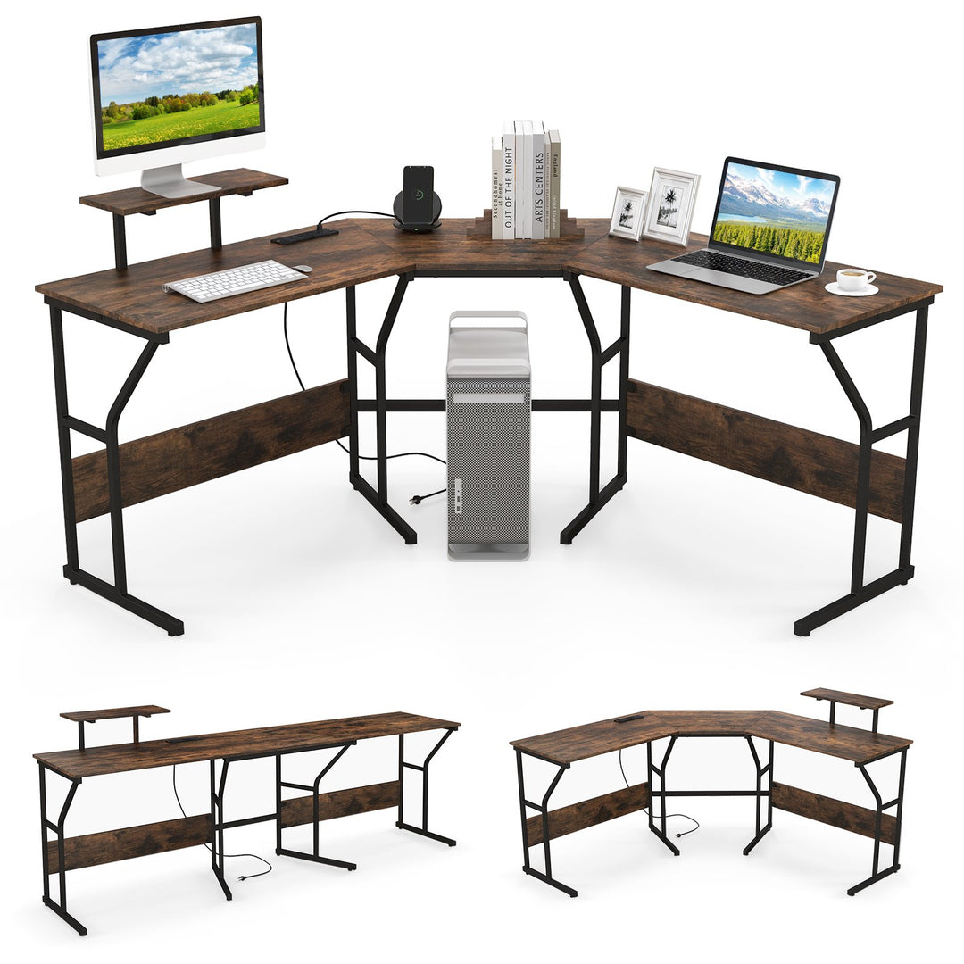 L Shaped Desk Corner Computer Desk with Movable Monitor Stand Rustic Brown - TidySpaces