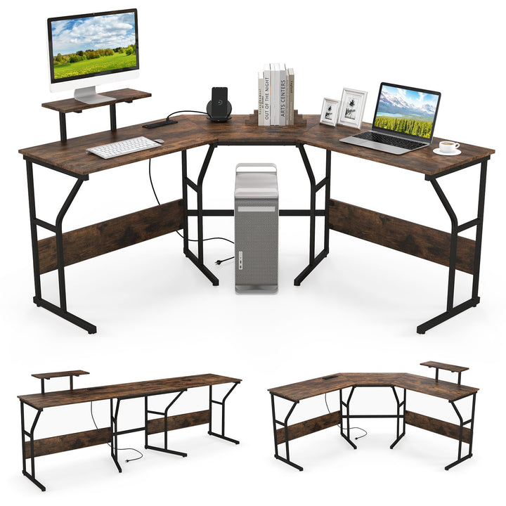 L Shaped Desk Corner Computer Desk with Movable Monitor Stand Rustic Brown - TidySpaces