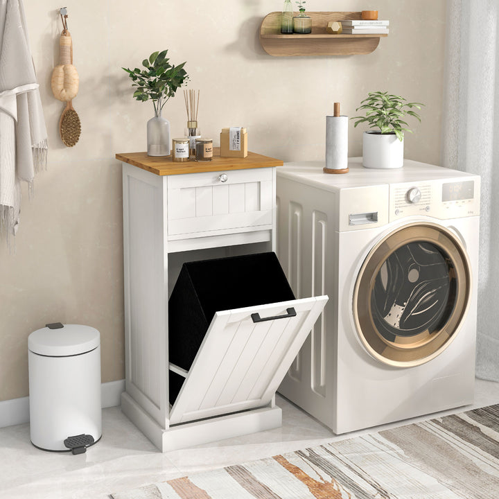 Laundry Cabinet with Basket Freestanding Tilt Out Laundry Hamper with Drawer-White