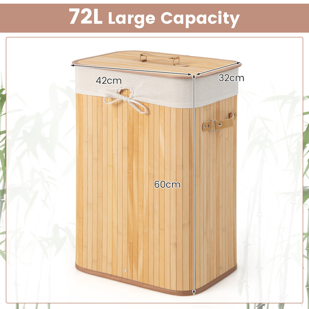 72L Bamboo Laundry Basket with Lid and Washable Liner Bag - TidySpaces