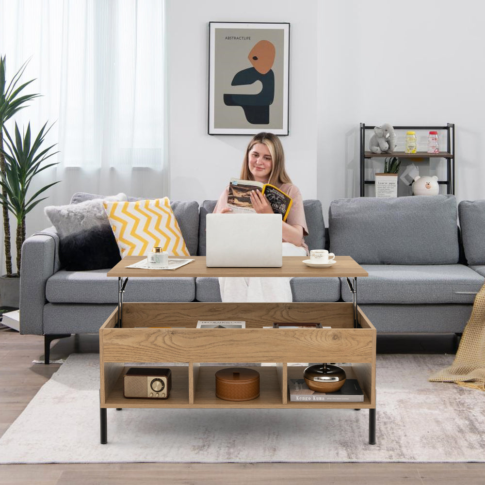 Lift Top Coffee Table with Large Hidden Compartment and 3 Open Cubbies - TidySpaces