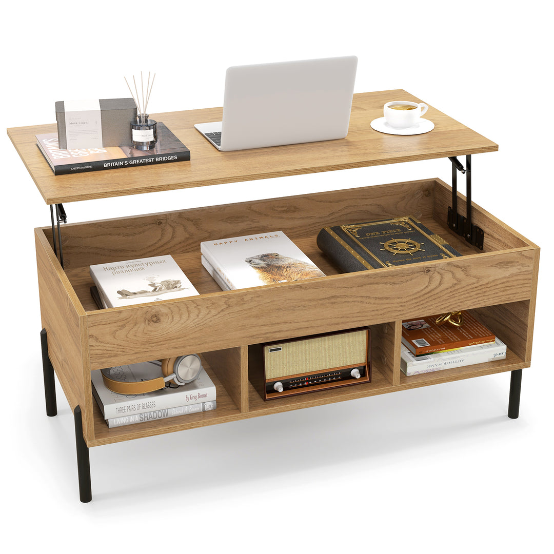 Lift Top Coffee Table with Large Hidden Compartment and 3 Open Cubbies - TidySpaces