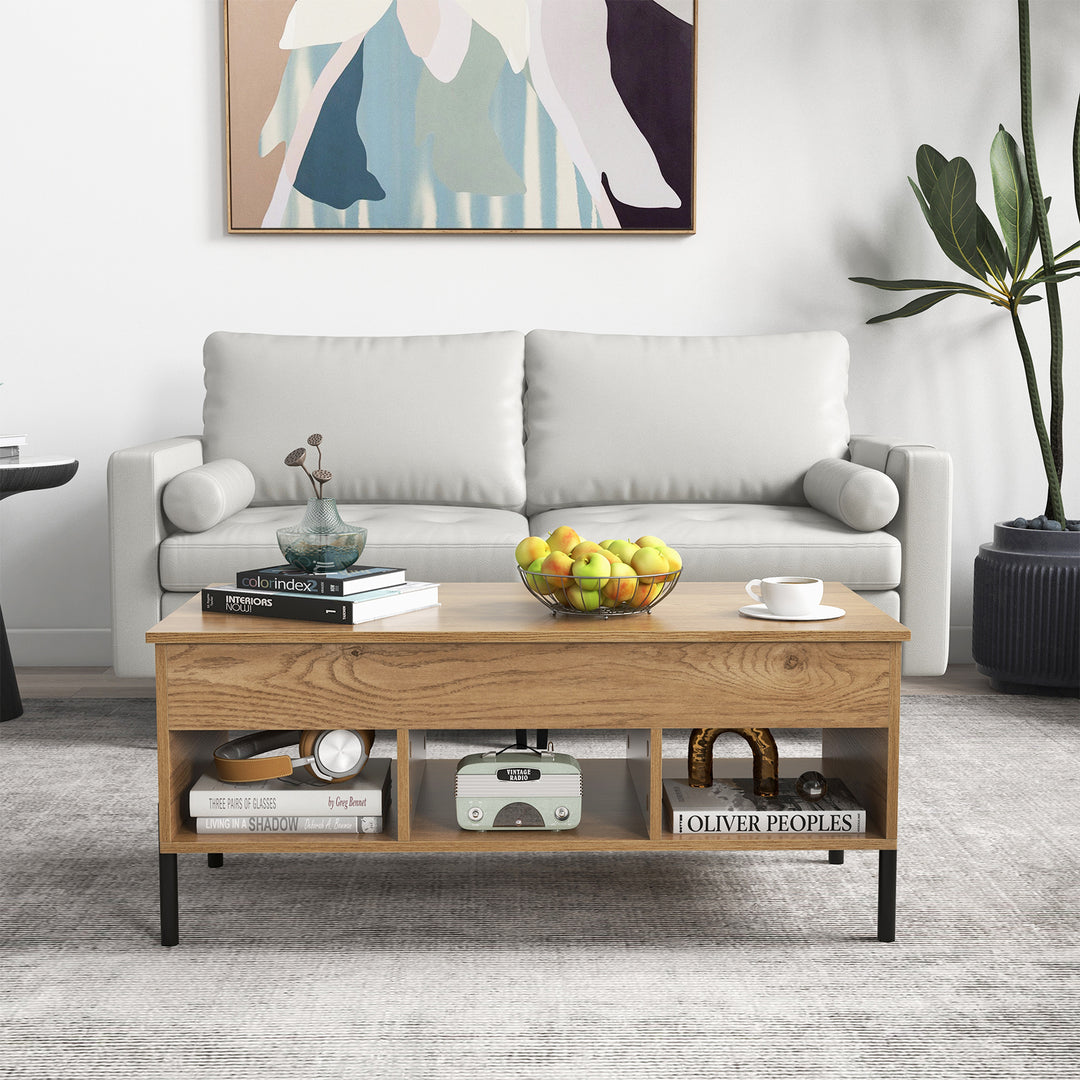 Lift Top Coffee Table with Large Hidden Compartment and 3 Open Cubbies - TidySpaces