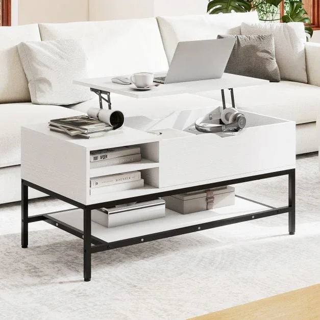 Coffee Table with Lift-Up Top and Hidden Compartment, Wooden Coffee Table Living Room Storage Shelf Brown - TidySpaces