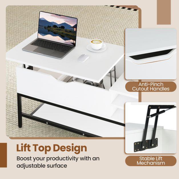 Coffee Table with Lift-Up Top and Hidden Compartment, Wooden Coffee Table Living Room Storage Shelf Brown - TidySpaces