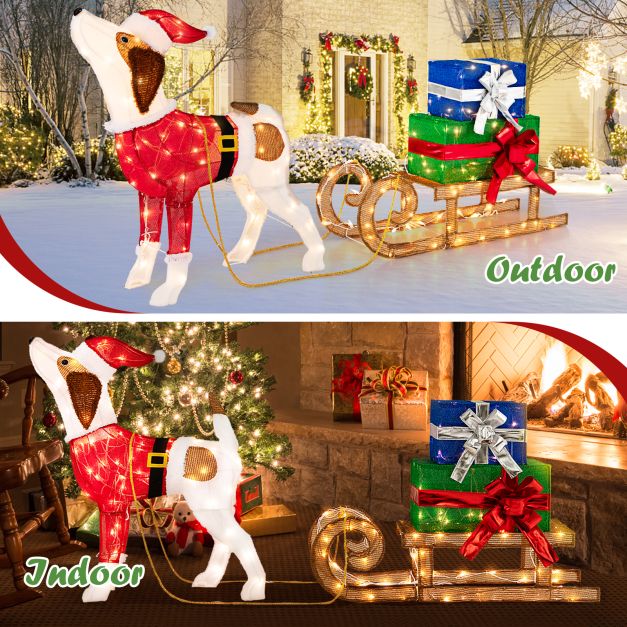 Pre-lit Lighted Christmas Dog Sleigh Gift Boxes Combo Decoration - TidySpaces
