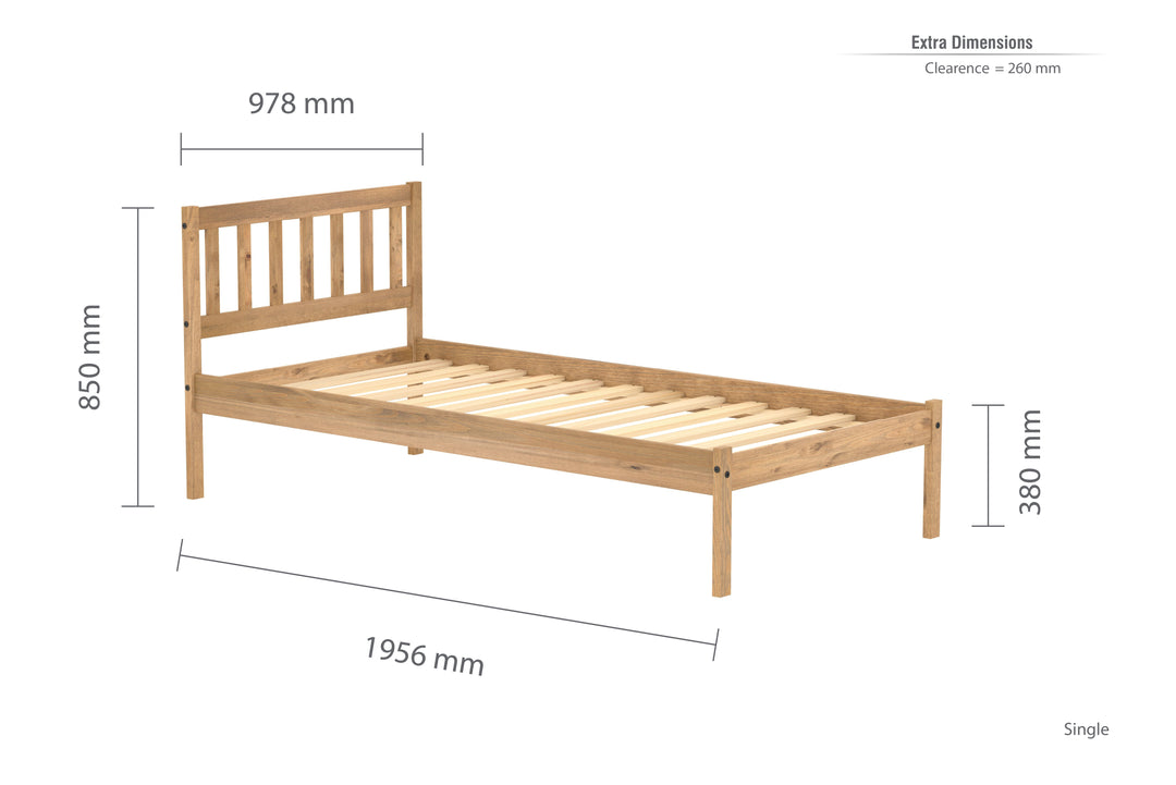 Rustic Pine Bed Frame with Solid Slatted Base for UK Standard Mattresses
