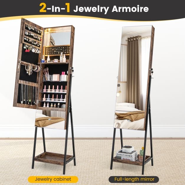 Lockable Freestanding Jewellery Cabinet Armoire with Full-Length Frameless Mirror - TidySpaces