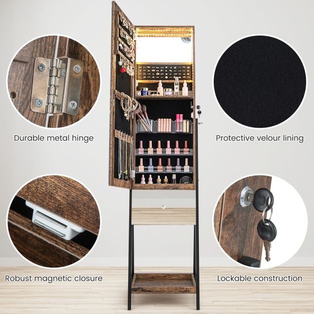 Lockable Freestanding Jewellery Cabinet Armoire with Full-Length Frameless Mirror - TidySpaces