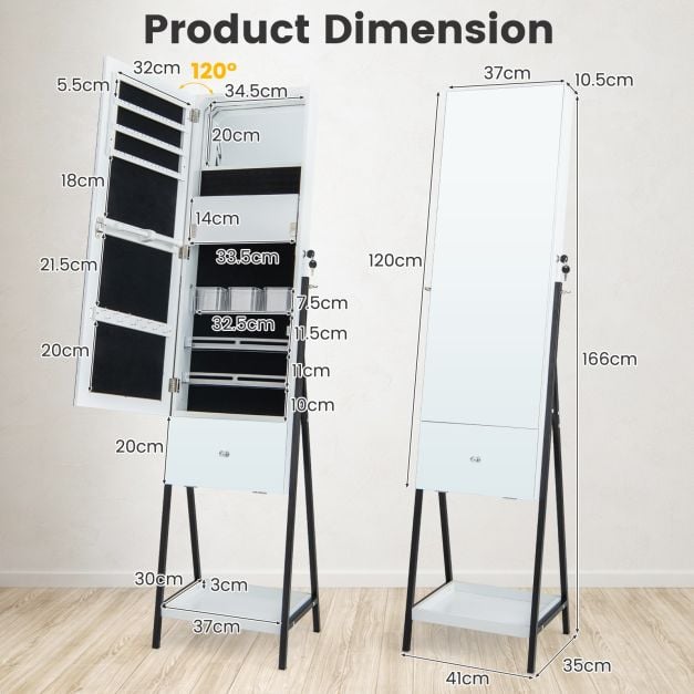 Lockable Freestanding Jewellery Cabinet Armoire with Full-Length Frameless Mirror - TidySpaces