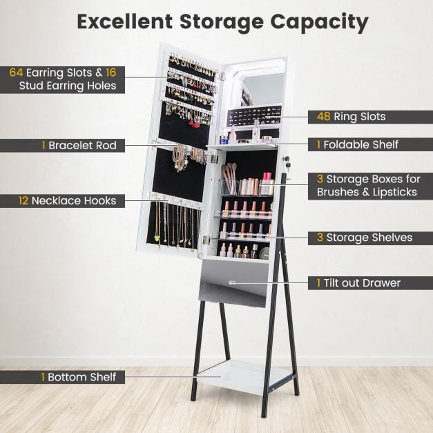 Lockable Freestanding Jewellery Cabinet Armoire with Full-Length Frameless Mirror - TidySpaces