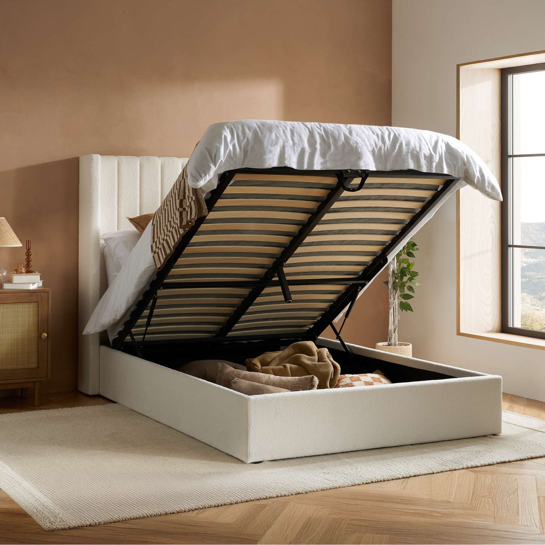 Maisey Ottoman Bed with Luxurious White Bouclé Upholstery for Elegant Bedrooms