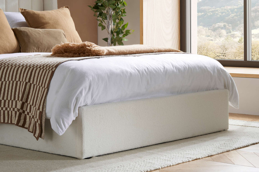 Maisey Ottoman Bed with Luxurious White Bouclé Upholstery for Elegant Bedrooms