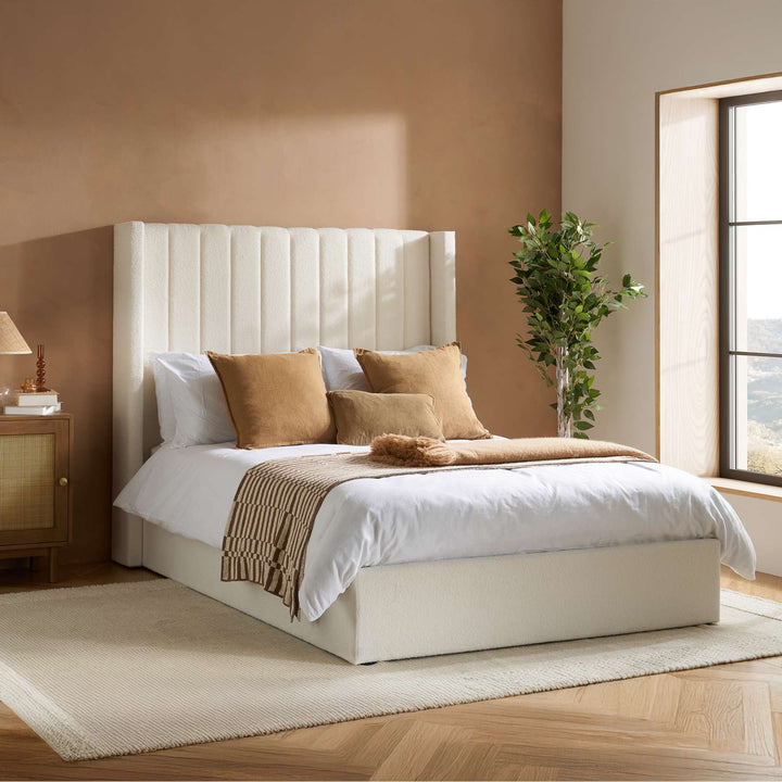 Maisey Ottoman Bed with Luxurious White Bouclé Upholstery for Elegant Bedrooms
