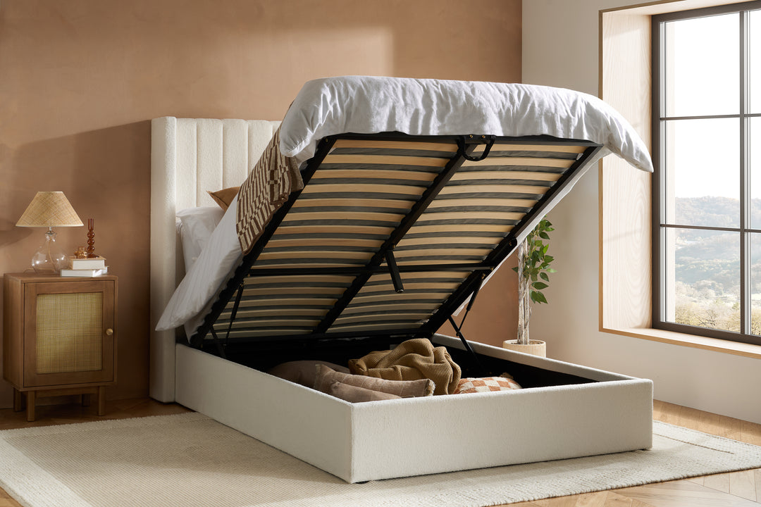 Maisey Ottoman Bed with Luxurious White Bouclé Upholstery for Elegant Bedrooms