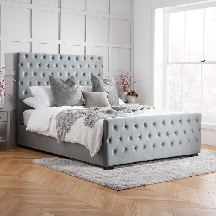 Luxurious Velvet Upholstered Marquis Bed with Tufted Headboard