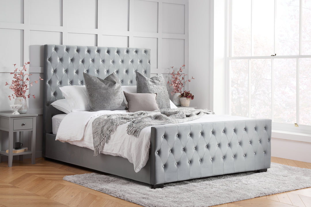 Luxurious Velvet Upholstered Marquis Bed with Tufted Headboard